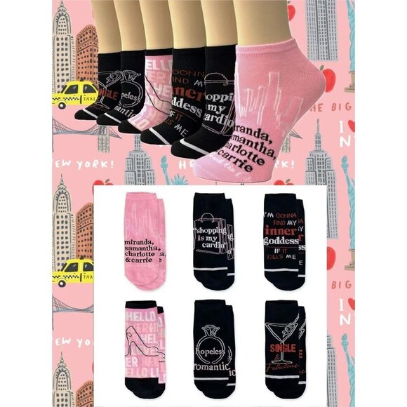 HBO 6 Pairs Pink-Black Sex And The City Graphic Low-Cut Socks -Size 6-10 - Picture 1 of 5